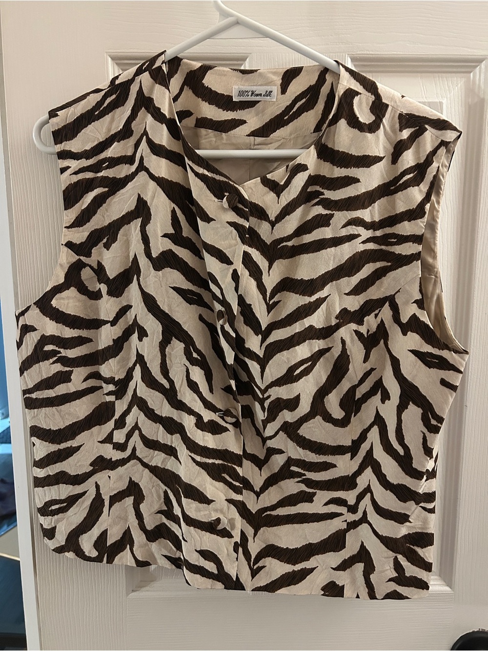 100% Woven Silk Zebra Print Sleeveless Top - Cream & Brown